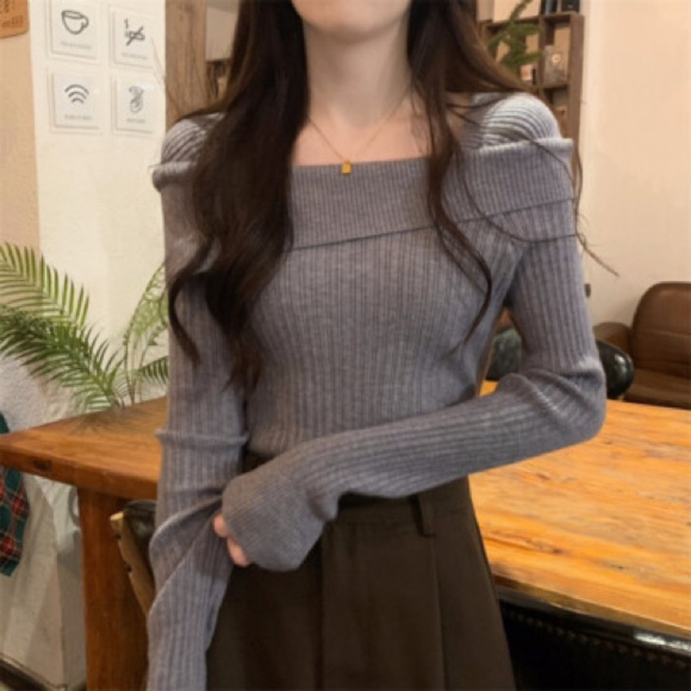 Dazy Ribbed Off Shoulder Knit Sweater Grey Fitted Minimalist Top Size S - Picture 9 of 13